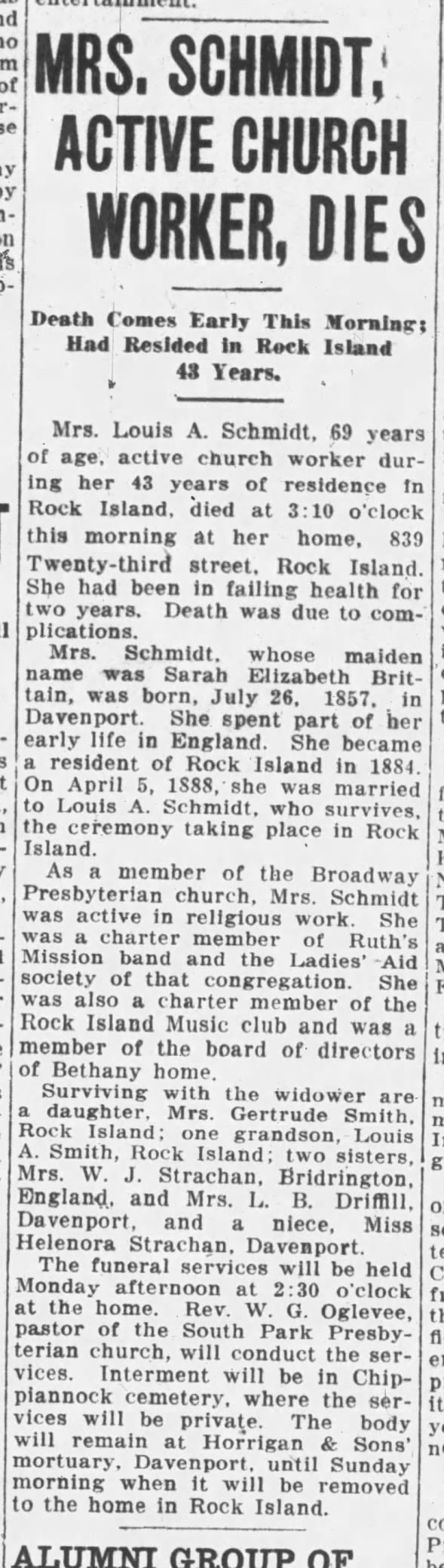 Sarah Elizabeth Brittain obituary 11 June 1927